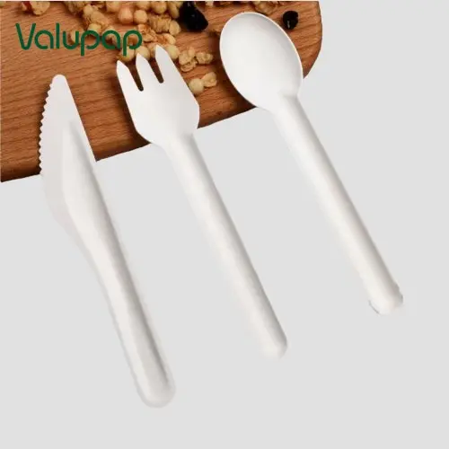 Disposable biodegradable bagasse paper cutlery set